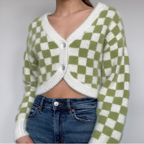 Pacsun LA Hearts Green and White Checkered Cardigan - Picture 1 of 5